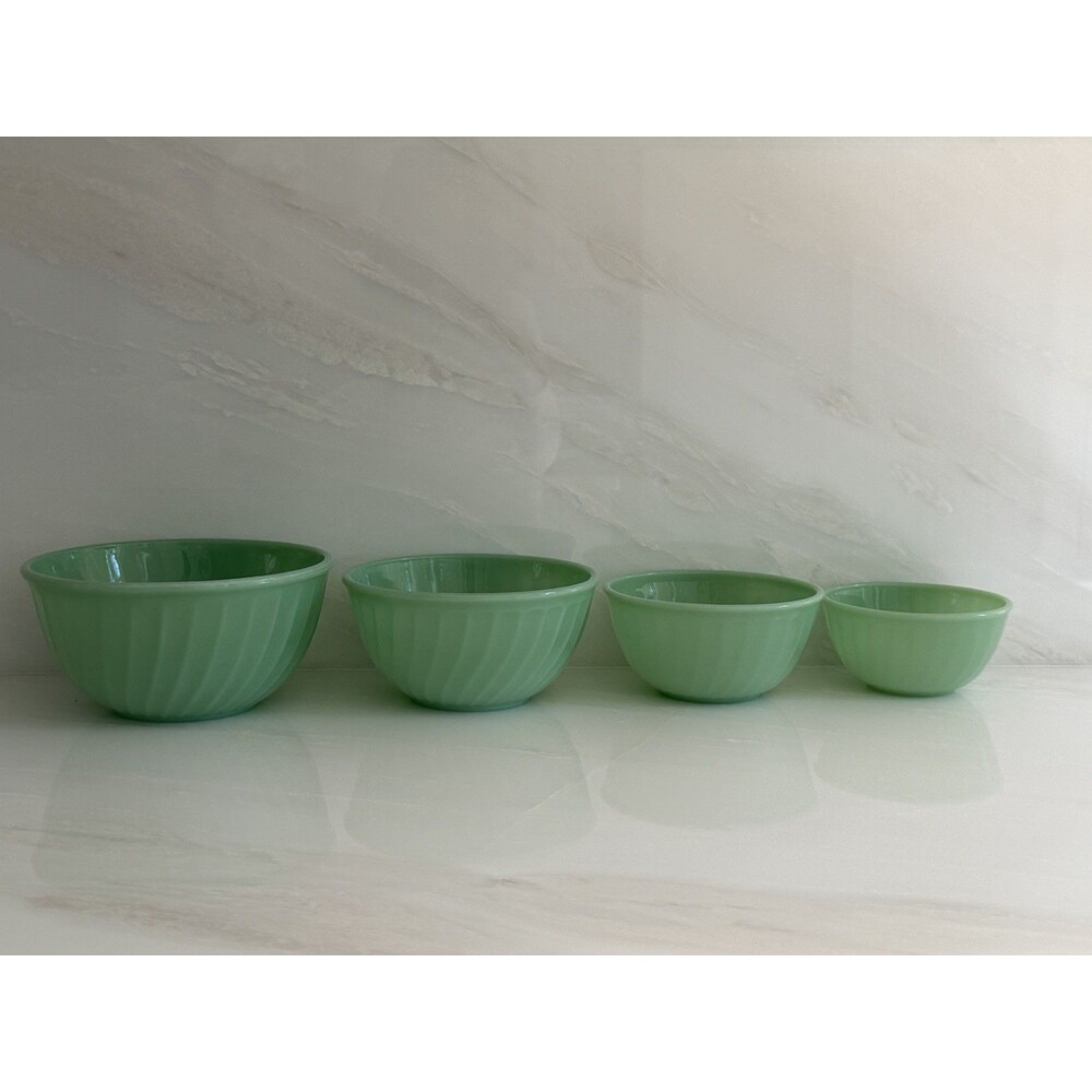 Vintage 1940's Fire King Jadeite Swirl Nesting 4pc Mixing Bowl Set USA Made